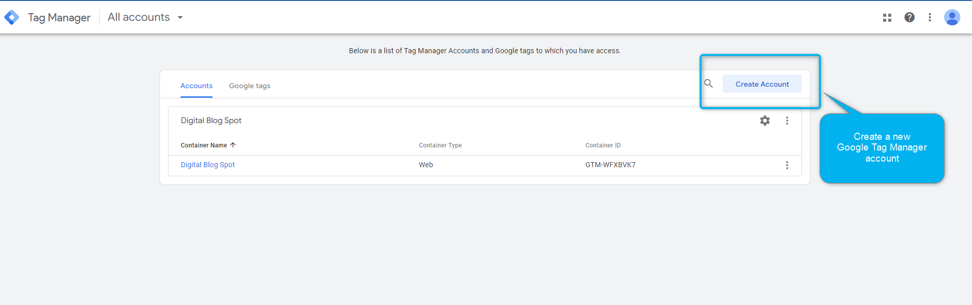 Create a new Google Tag Manager Account