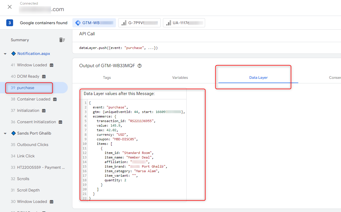 Purchase event Data Layer in debugger