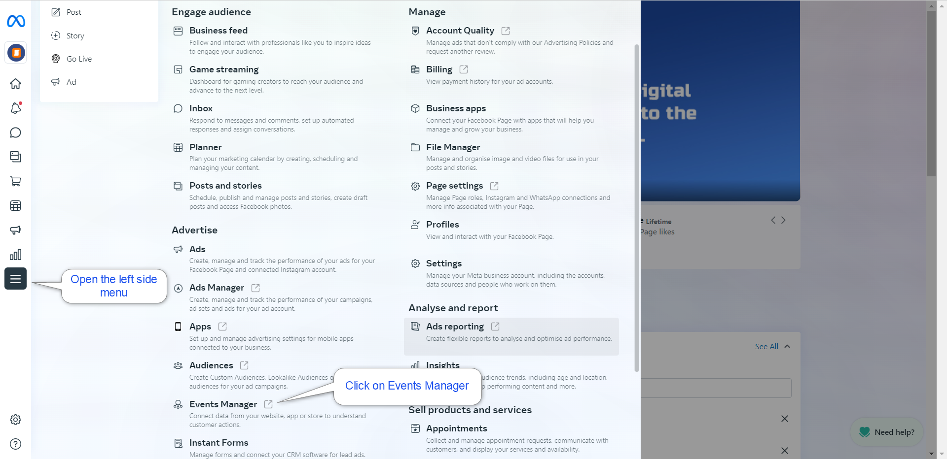 Open Facebook Business Suite on your desktop browser